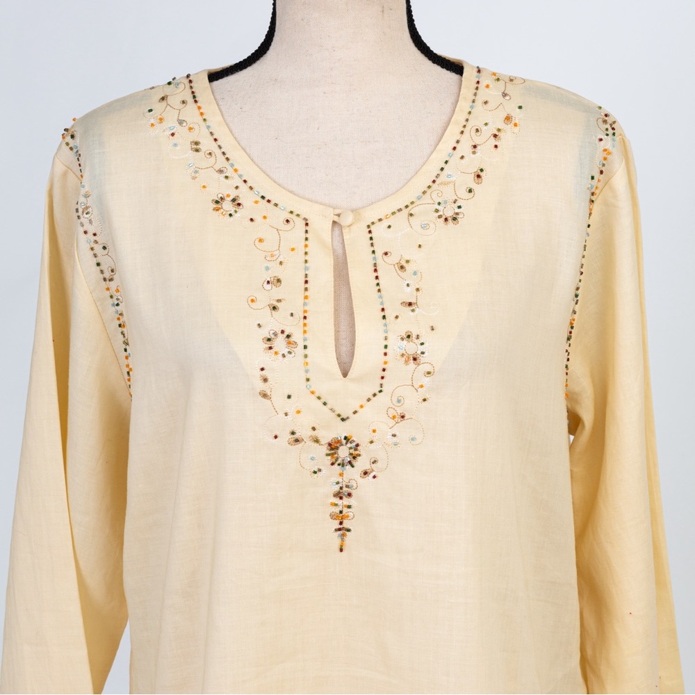 Boho top beaded top vanilla yellow color tunic vintage L Cervelle